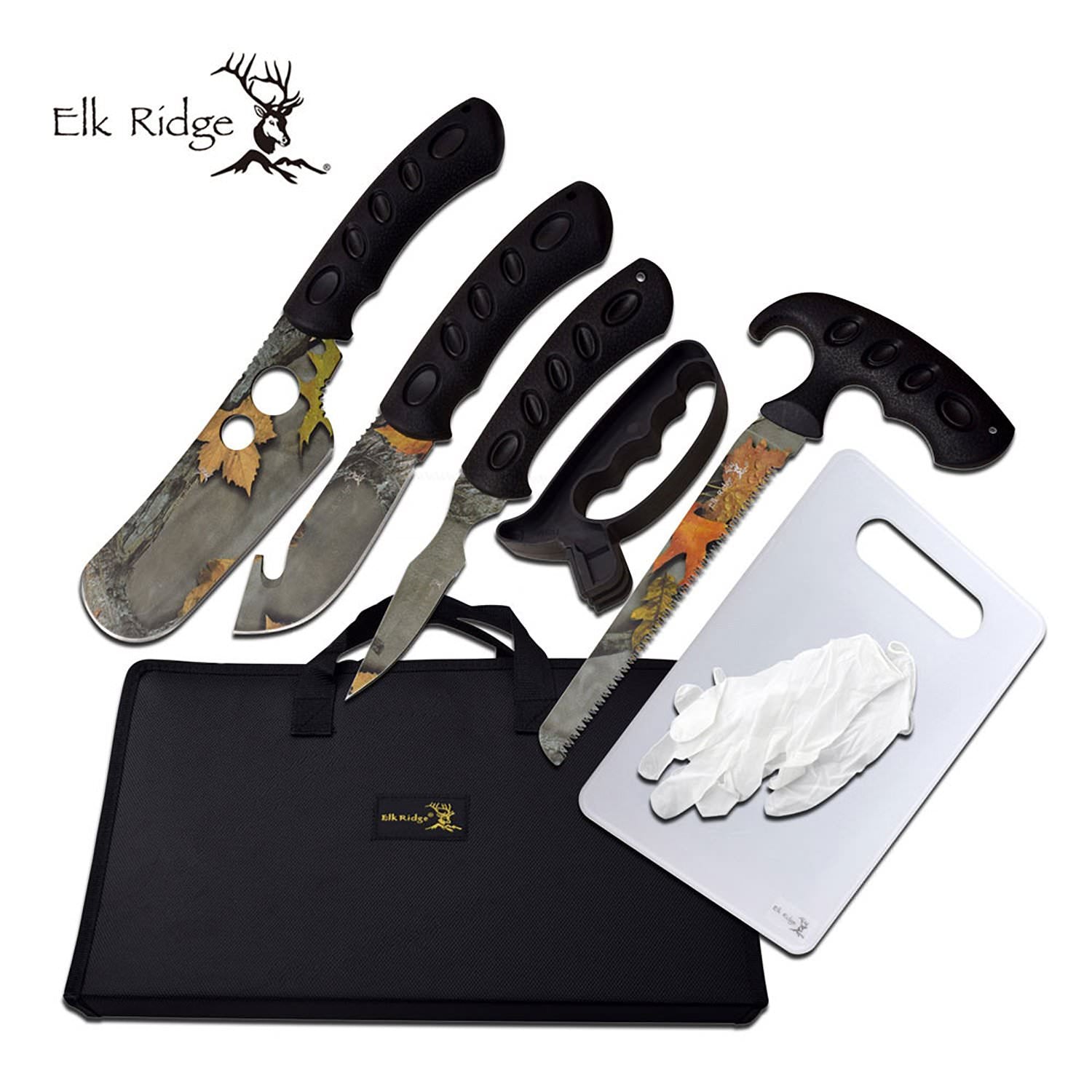 Hunting Knife Set 8-Pc. Camo Blade Skinning Kit + Case, Sharpener - Tophatter's Army Products & Self Defense Collectible Weapons - Tophatter Daily Deals